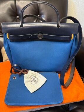 AUTH PRE-LOVED HERMES CANVAS/LEATHER HERBAG 31 TWO-WAY ZIP BAG-Palladium Hrd